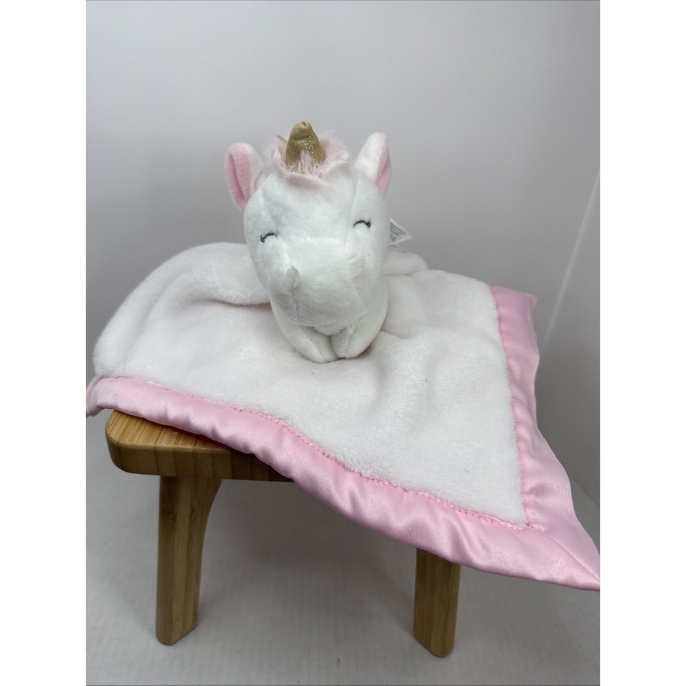 Carter's Unicorn‎ Lovey Security Blanket White W/ Satin Pink Trim EUC Gold Horn
